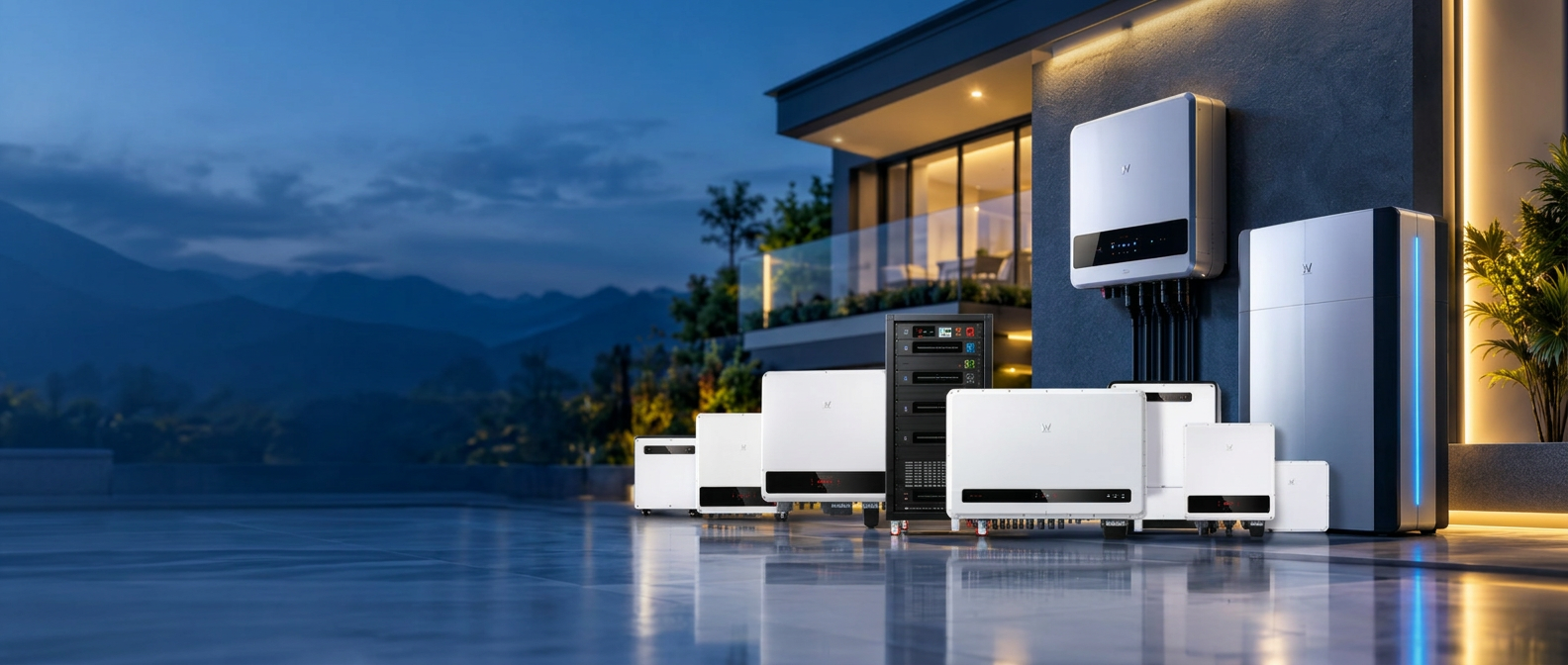 Hybrid inverters and battery wall glowing at a modern home at night