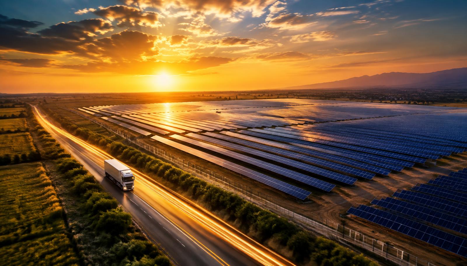 Large solar farm at sunset with delivery truck on the highway